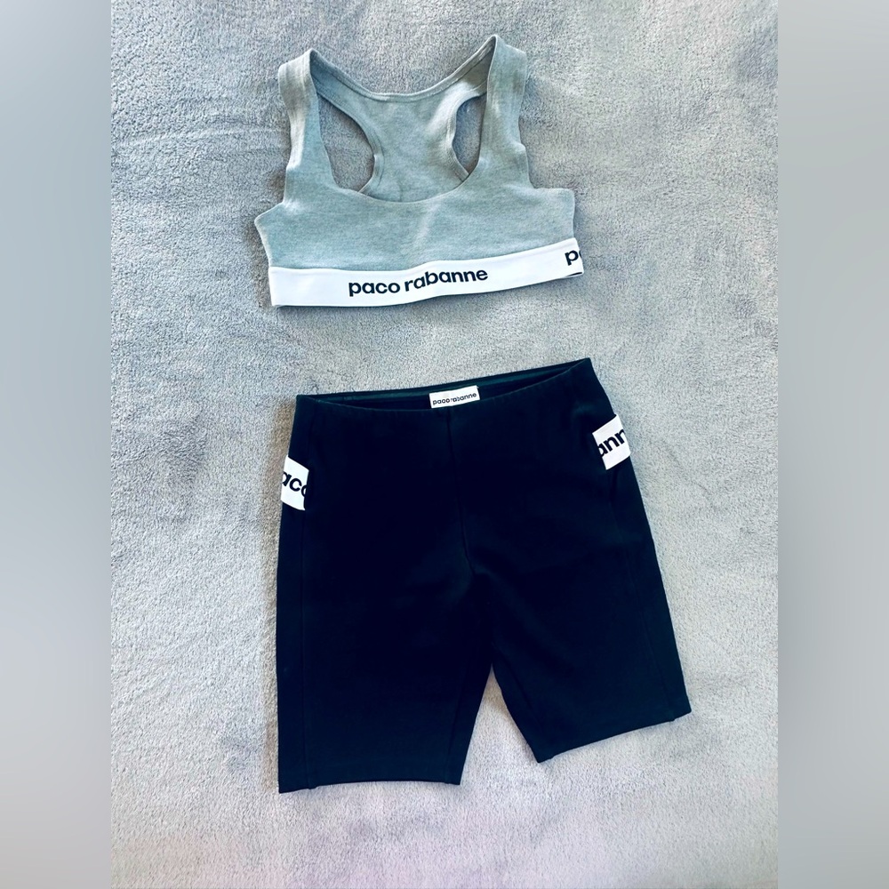 PACO RABANNE Women’s BLACK Gray LOGO Biker Shorts Crop Top Bra Set SIZE S